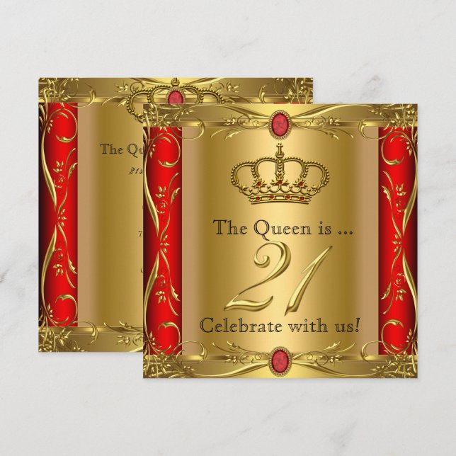 Invitation Queen ou King Regal Red Gold 21e fête d'anniversai (Devant / Derrière)
