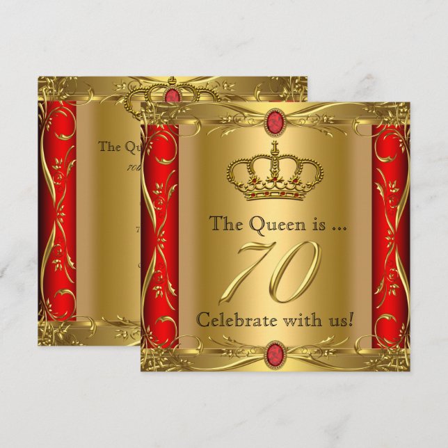 Invitation Queen ou King Regal Red Gold 70e fête d'anniversai (Devant / Derrière)