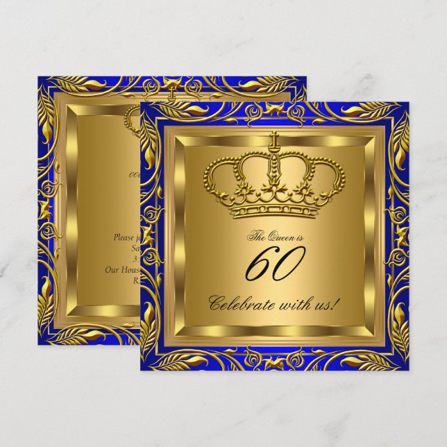 Invitation Queen ou King Royal Blue Gold Elite fête d'anniver (Devant / Derrière)