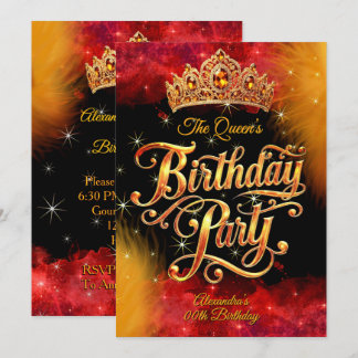 Invitation Queen Princess Birthday Gold Orange Red Party