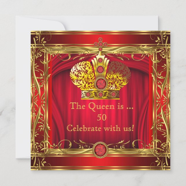 Invitation Queen Regal Red Gold 50e fête d'anniversaire (Devant)