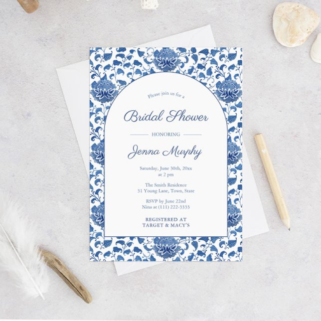 Invitation Quelque chose de bleu Antique Chinoiserie Wedding  (Arch Shape Blue And White Chinoiserie Pattern Bridal Shower Invitation)