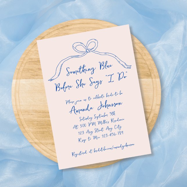 Invitation Quelque chose de bleu Fête des mariées de la main  (Something Blue Hand Drawn Bow Bridal Shower Invitation)