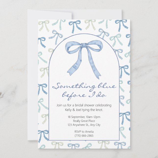 Invitation Quelque chose de Blue Ribbon Bow Fête des mariées (Devant)