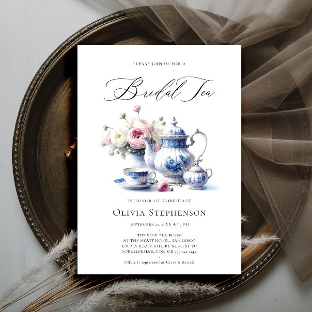 Invitation Quelque chose Toile Bleu Floral Chic Douche Thé nu (bridal tea invitation toile chinoiserie blue hamptons roses floral flower elegant modern classic)