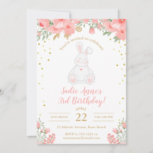 Invitation Quelques Lapin Aquarelle Anniversaire Floral Rose  (Devant)