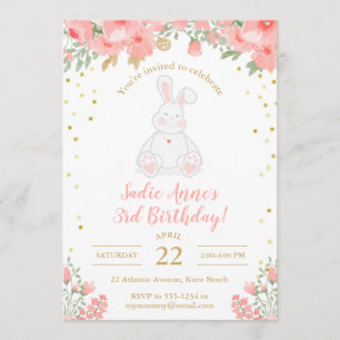 Invitation Quelques Lapin Aquarelle Anniversaire Floral Rose 