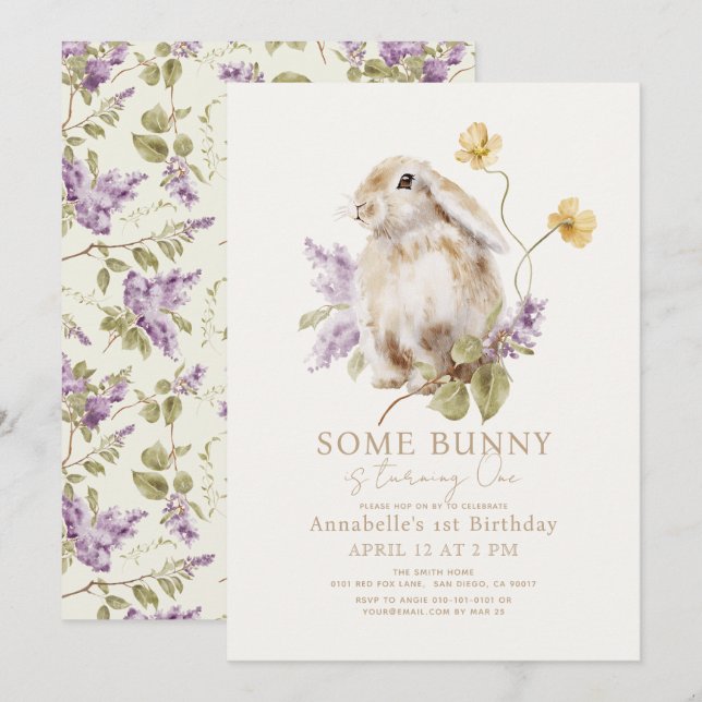 Invitation Quelques Lapin Lop Purple Lilac Floral 1er Anniver (Devant / Derrière)