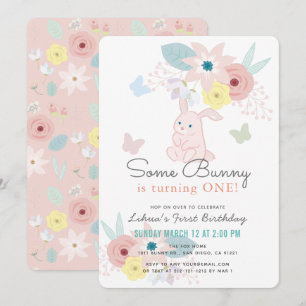 Invitation Quelques Papillon floral rose lapin 1er anniversai