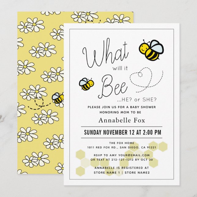 Invitation Qu'est-ce que le genre révélera Baby shower blanc (Devant / Derrière)