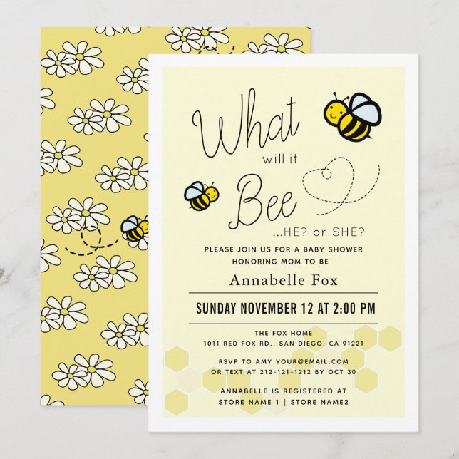 Invitation Qu'est-ce que le genre révélera Baby shower jaune (Devant / Derrière)