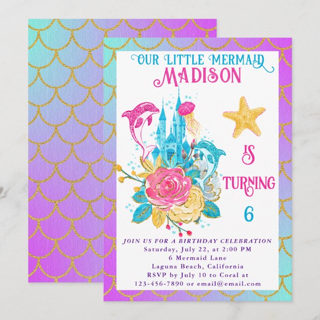 Invitation Queue de Petite Sirène Violet Turquoise Or Anniver (Devant / Derrière)