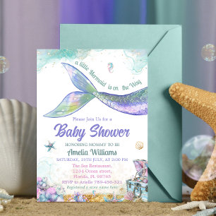 Invitation Queue de sirène bébé fille pastel sarcelle violet