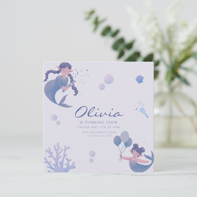 Invitation Queue de sirène bleu violet sous la mer Anniversai (Debout devant)