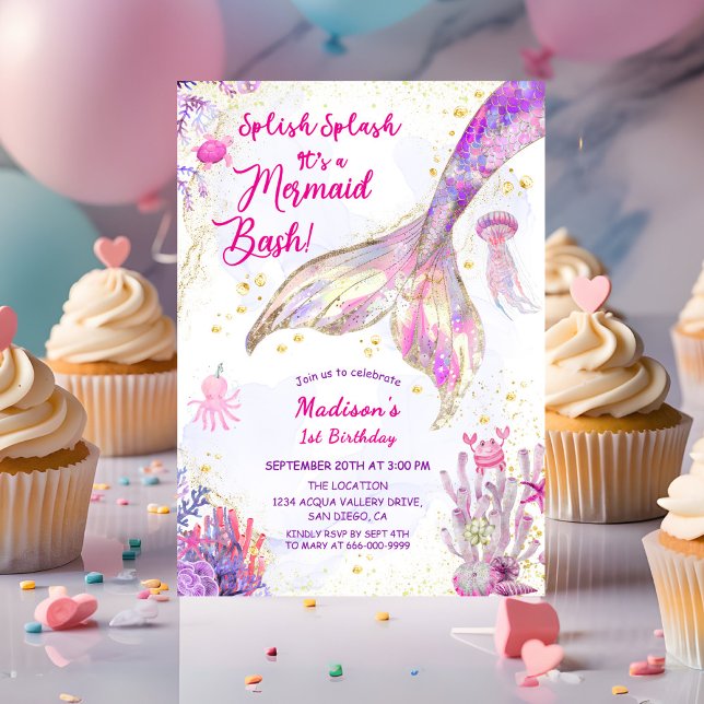 Invitation Queue de sirène d'or rose pourpre 1er anniversaire (Gold Mermaid Tale pink purple 1st Birthday Girl Party Invitation)