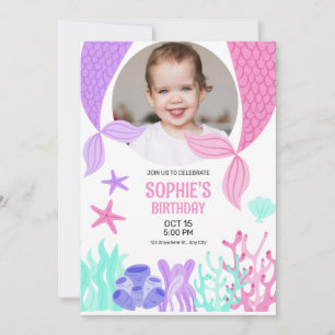 Invitation Queue de sirène mignonne, sirène avec anniversaire