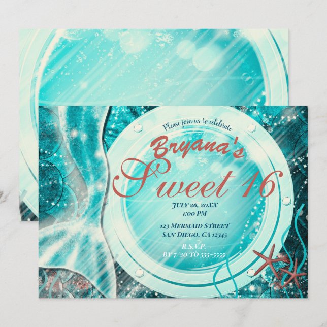Invitation Queue de sirène sous la mer Douce 16 ans Fête d'an (Devant / Derrière)