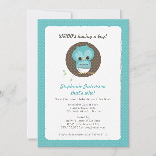 Invitation Qui a un garçon ?Invitation au Baby shower d'Owl (Devant)