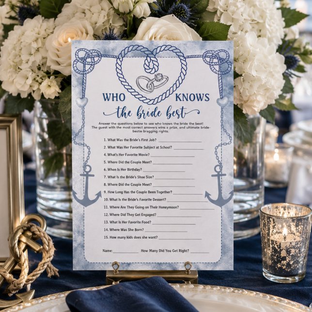 Invitation Qui connaît le mieux la mariée jeu mariage nautiqu (Who Knows the Bride Best Game Nautical Wedding Invitation)