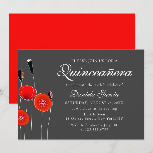 Invitation Quiceanera botanique moderne de pavot rouge (Devant / Derrière)