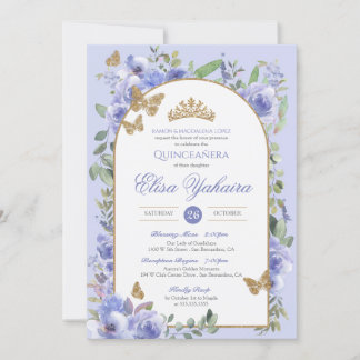 Invitation Quince à papillon doré Périwinkle Bleu Aquarelle