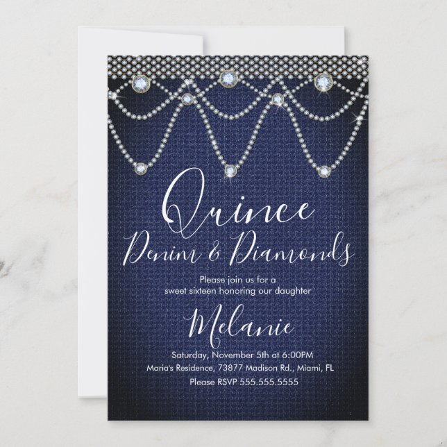 Invitation Quince Denim Diamants Gemme Perles  (Devant)