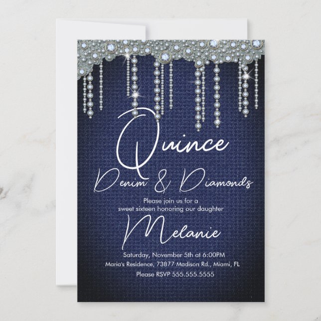 Invitation Quince Denim Diamonds Gem Pearls Chic (Devant)