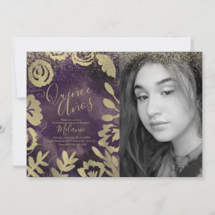 Invitation Quiñce Faux Parties scintillant Purple Floral Gold