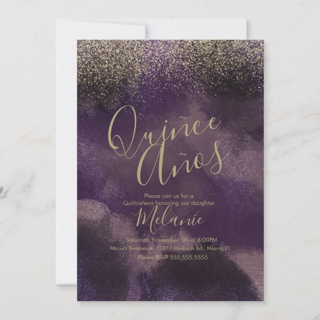 Invitation Quiñce Faux Parties scintillant Purple Gold Abstra (Devant)