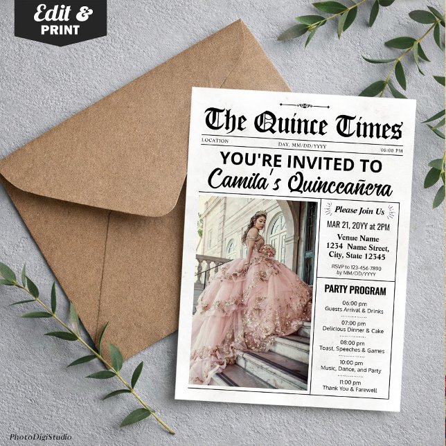 Invitation Quince Invite, Newspaper with Program, Quinceañera (Quince Invite, Newspaper with Program, Quinceañera Invitation)