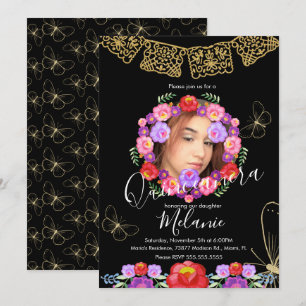 Invitation Quince Paillettes Papillons Floraux Faux Mexicains