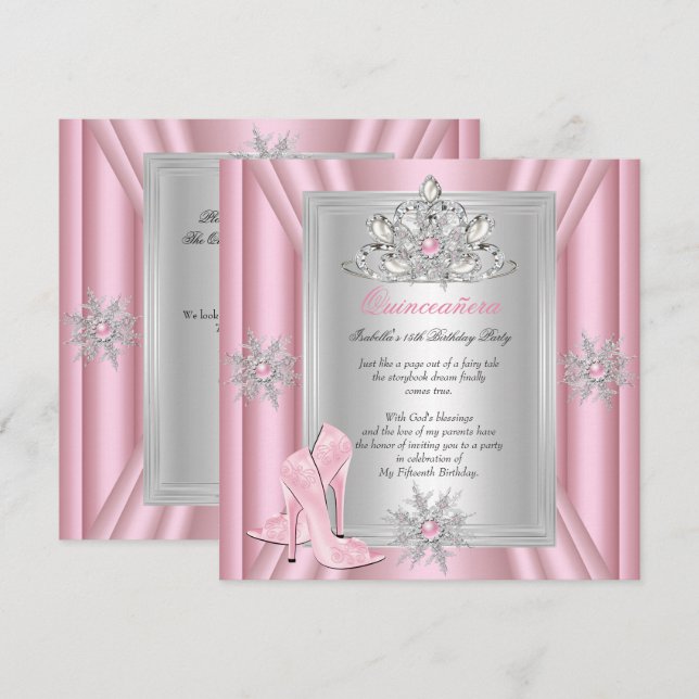 Invitation Quinceanera 15 Anniversaire Clair Talons roses (Devant / Derrière)