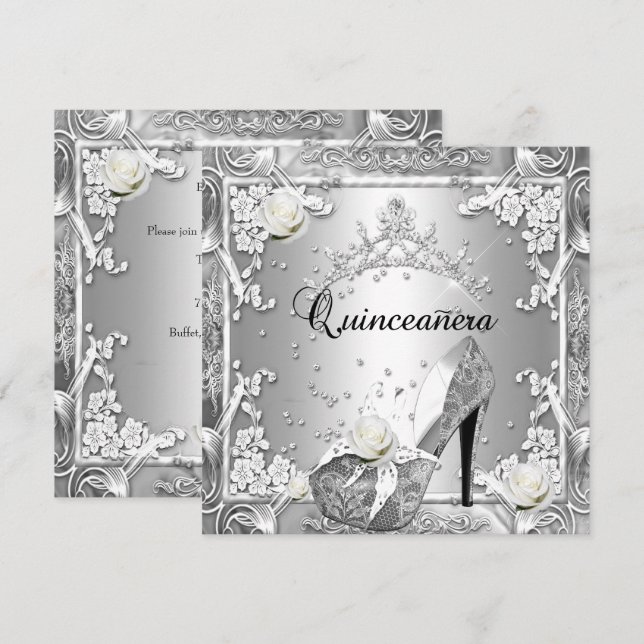 Invitation Quinceanera 15 Anniversaire Fête Argent (Devant / Derrière)