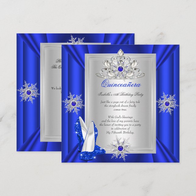 Invitation Quinceanera 15 Anniversaire fête Royal Blue Heels (Devant / Derrière)