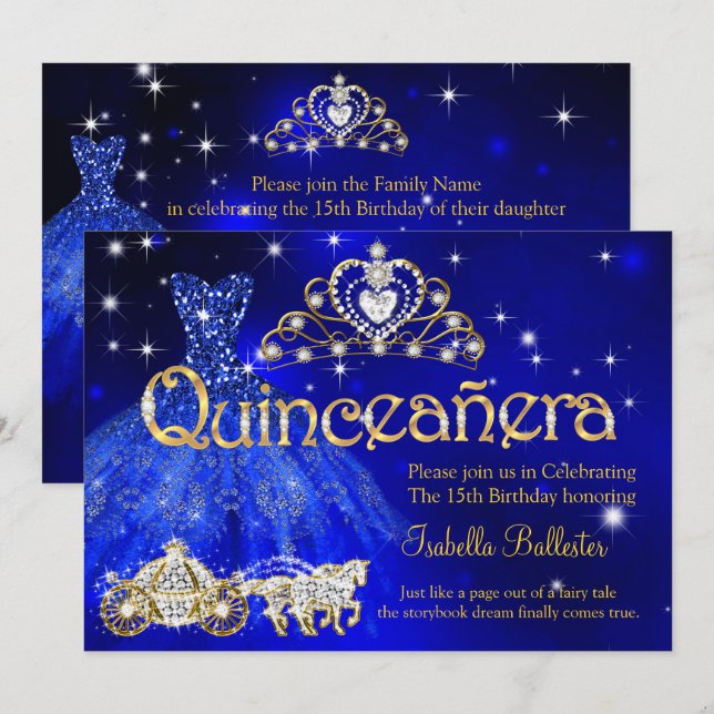 Invitation Quinceanera 15 Anniversaire Robe bleue Tiara Carri (Devant / Derrière)