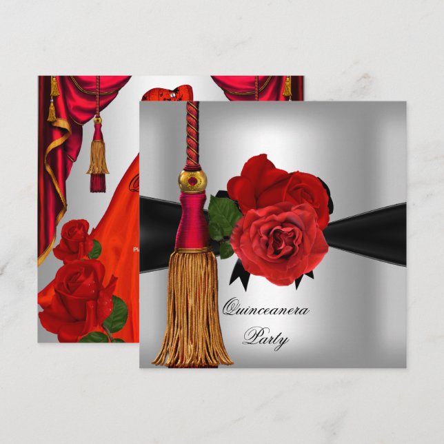 Invitation Quinceanera 15 Anniversaire rose rouge argent (Devant / Derrière)