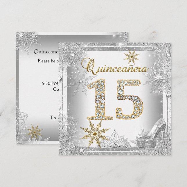Invitation Quinceanera 15 Anniversaire Silver White Gold Elit (Devant / Derrière)