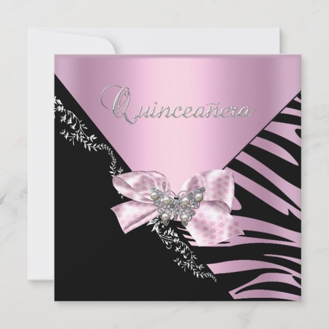 Invitation Quinceanera 15 Anniversaire Zebra Rose Noir Argent (Devant)