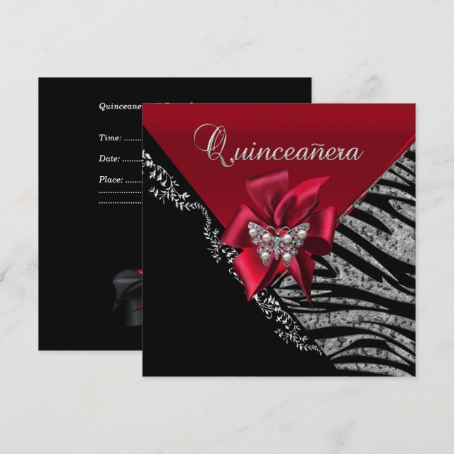 Invitation Quinceanera 15 Anniversaire Zebra Rouge Noir Argen (Devant / Derrière)