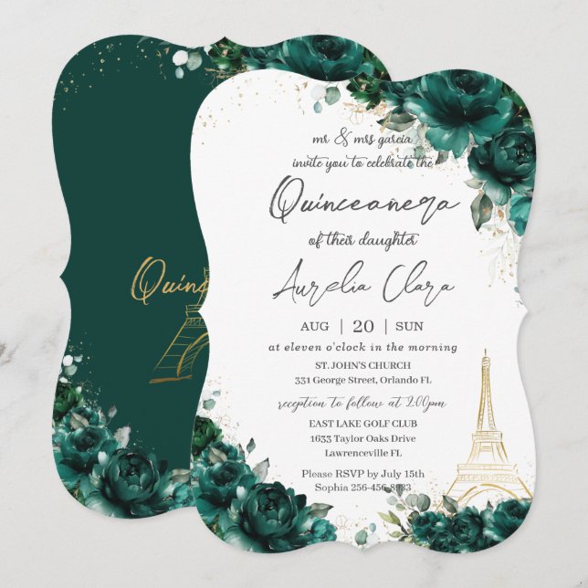 Invitation Quinceañera 15 Emerald Green Floral Eiffel Paris (Devant / Derrière)