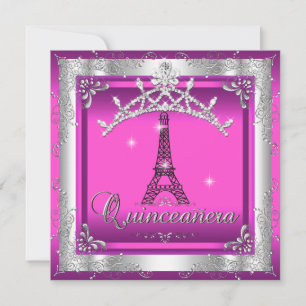Invitation Quinceanera 15 Rose Argent Diadème Tour Eiffel