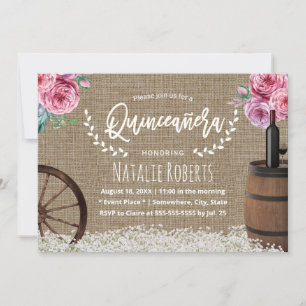 Invitation Quinceanera 15 Rustique Burlap Vin Baril Floral