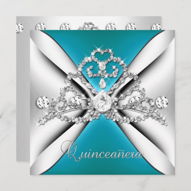 Invitation Quinceanera 15 Tiara Bleu Turquoise Bleu Argent Bl (Devant / Derrière)