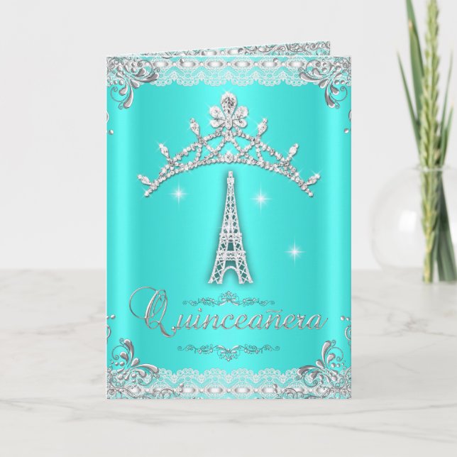 Invitation Quinceanera 15 Turquoise Blue Silver Tiara Tour Ei (Devant)