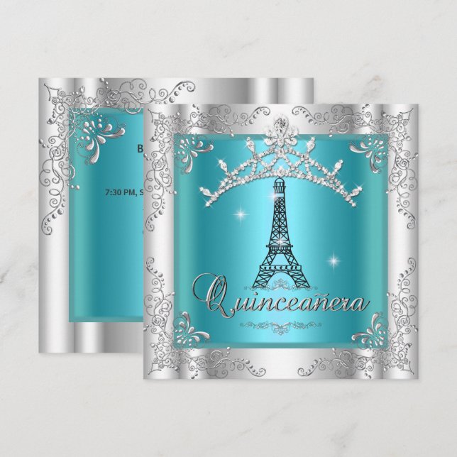 Invitation Quinceanera 15 Turquoise Blue Silver Tiara Tour Ei (Devant / Derrière)