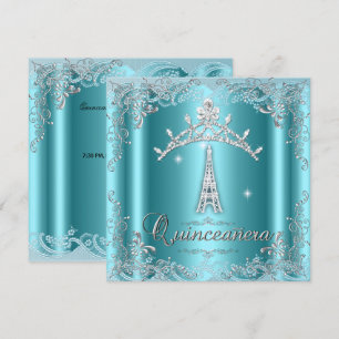 Invitation Quinceanera 15 Turquoise Blue Silver Tiara Tour Ei