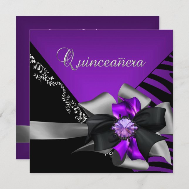 Invitation Quinceanera 15 Zebra Purple Black Silver (Devant / Derrière)
