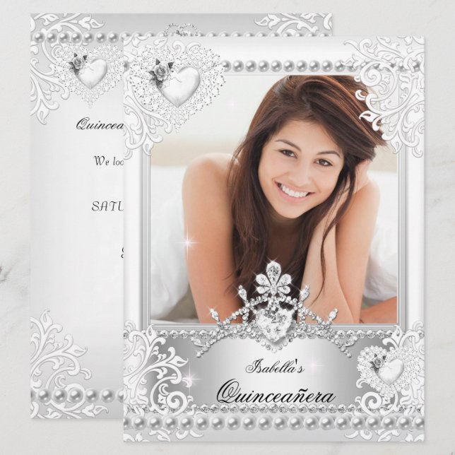 Invitation Quinceanera 15e anniversaire Argent Coeurs blancs  (Devant / Derrière)