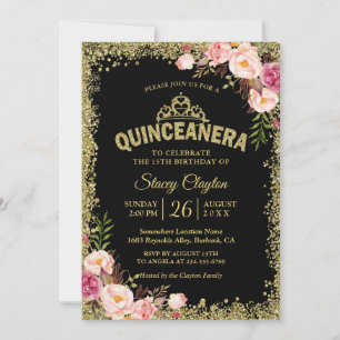 Invitation Quinceanera 15e anniversaire - Black Gold Rose Flo