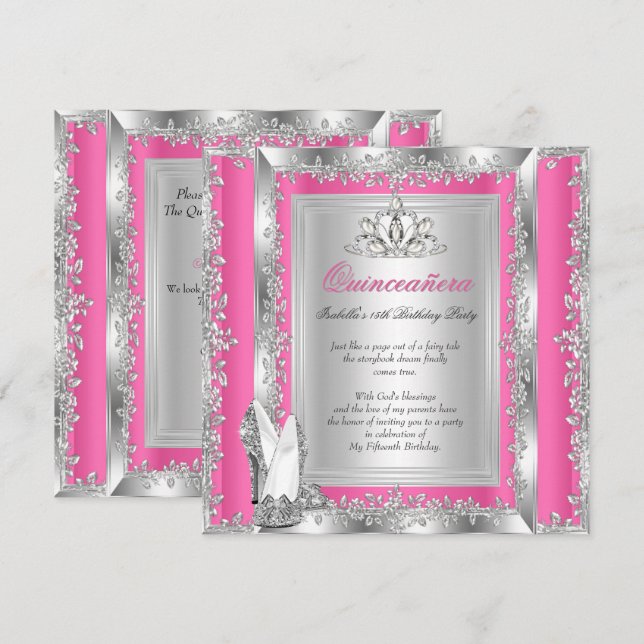Invitation Quinceanera 15e anniversaire bonbons rose chaussur (Devant / Derrière)